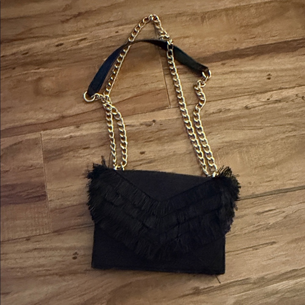 Black Fringe Chain-Handle Crossbody Bag